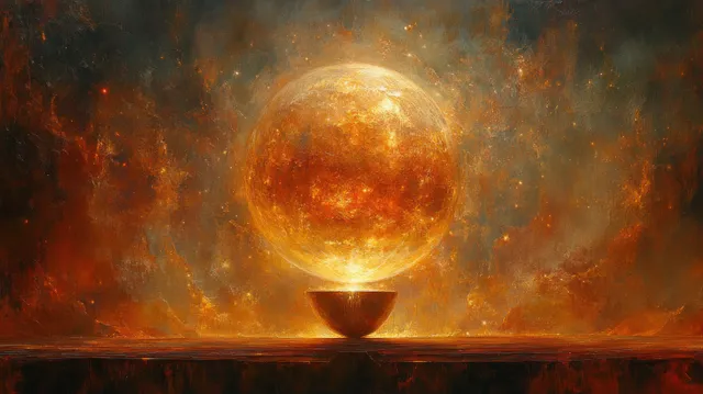 Eucharist chalice with glowing golden orb of light over smoky church altar