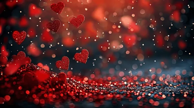 Red heart confetti and glowing sparkles drifting over a soft bokeh background