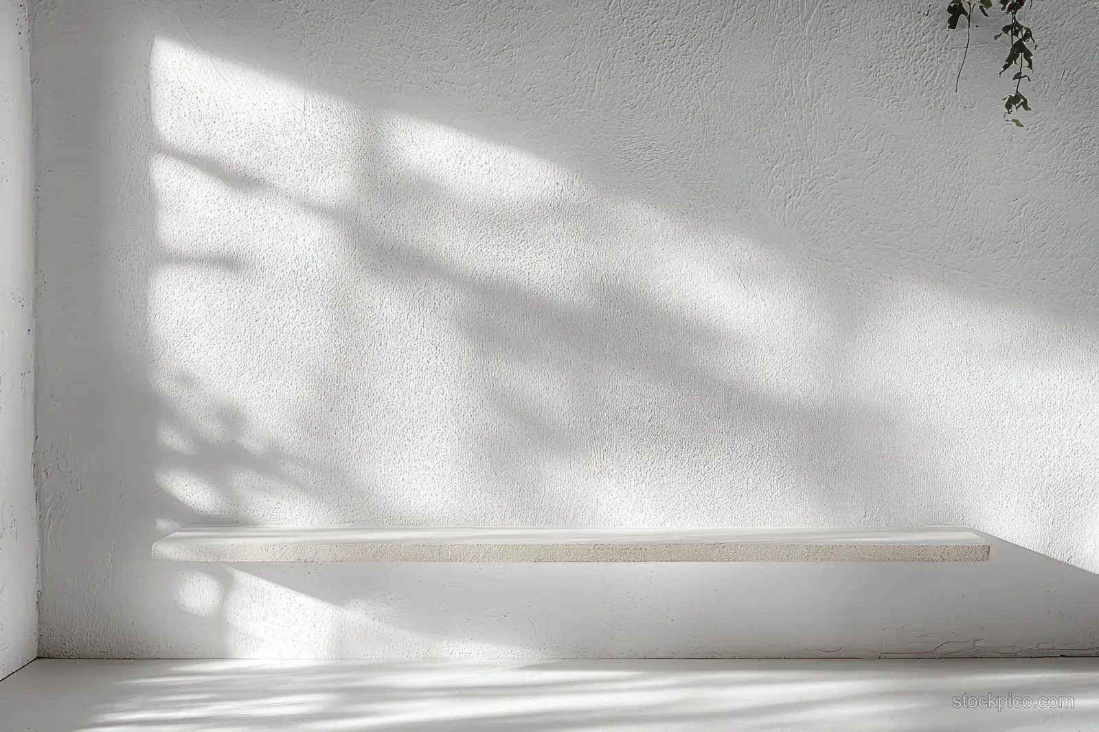 Minimalist white textured wall studio with a simple shelf, soft sunlight, and patterned shadows.