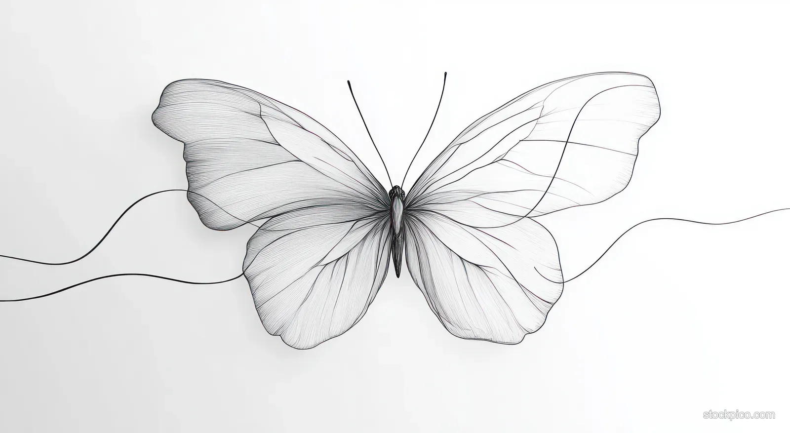 A black and white line drawing butterfly with detailed wings and thin antennae centered on a white background.