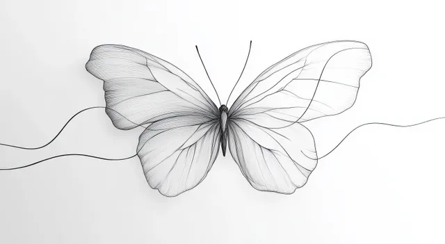 Black and white line drawing butterfly with detailed wings and antennae on white background