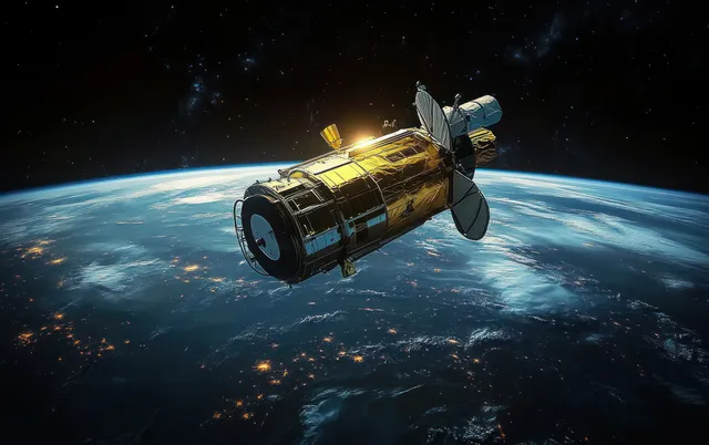 A space telescope orbits Earth above a curved atmospheric horizon with bright illumination and stars in the background.