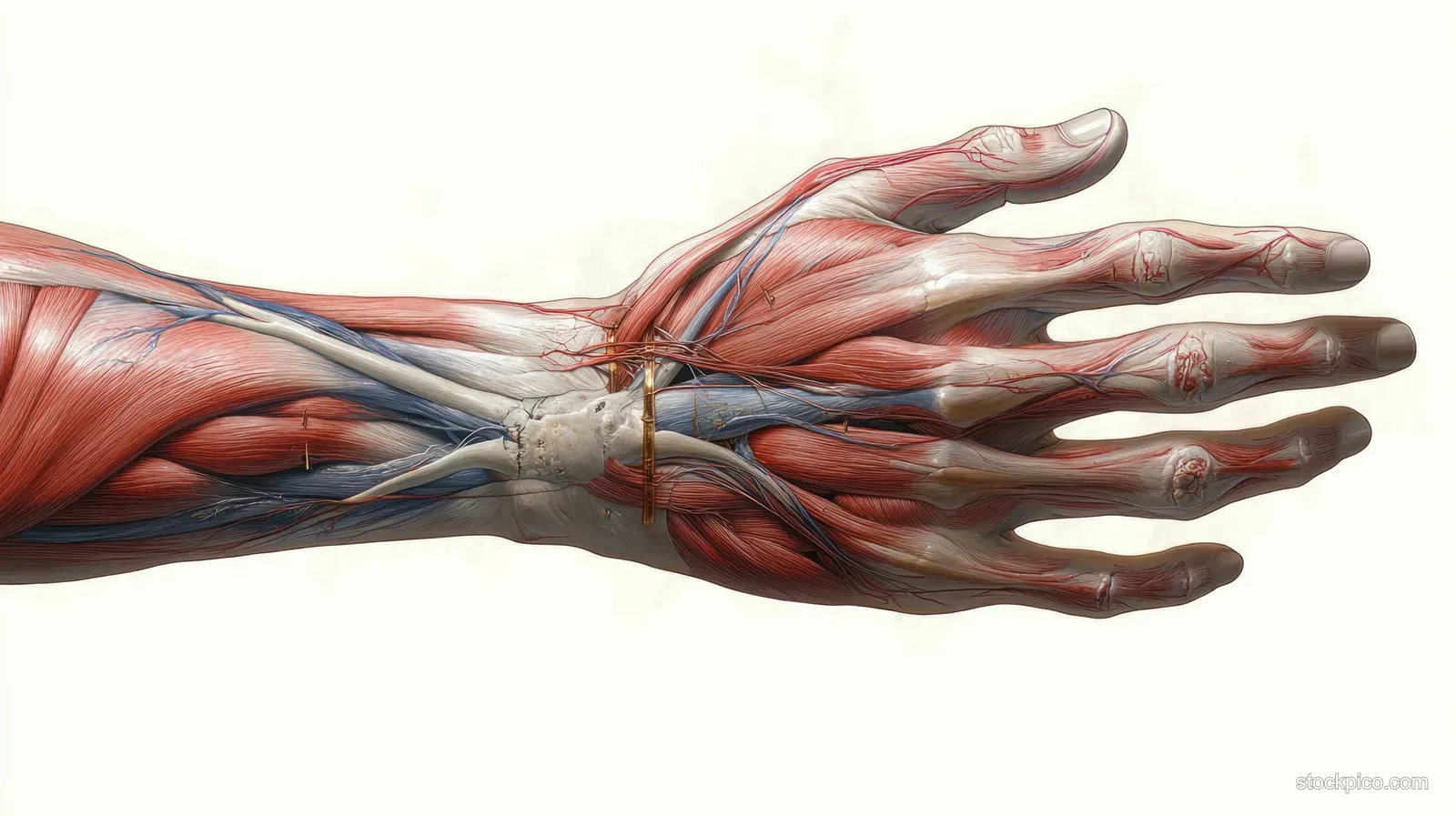 Ventral view hand anatomy illustration with visible muscle layers and branching blue blood vessels.