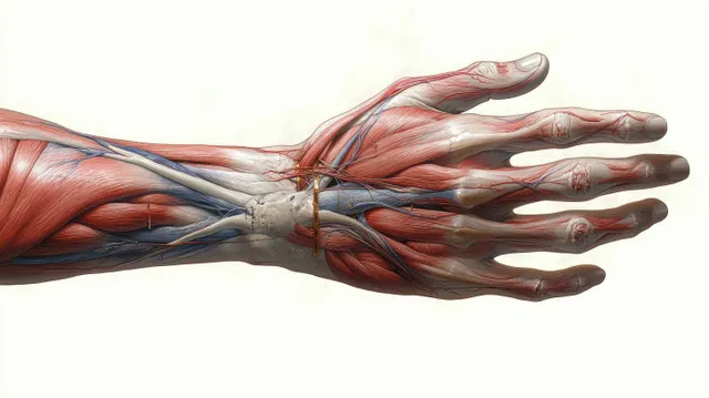 Ventral view hand anatomy illustration with visible muscle layers and branching blue blood vessels.
