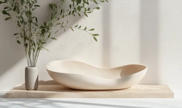 Brown marble podium with eucalyptus sprigs, presenting a white ceramic bowl in sunlight