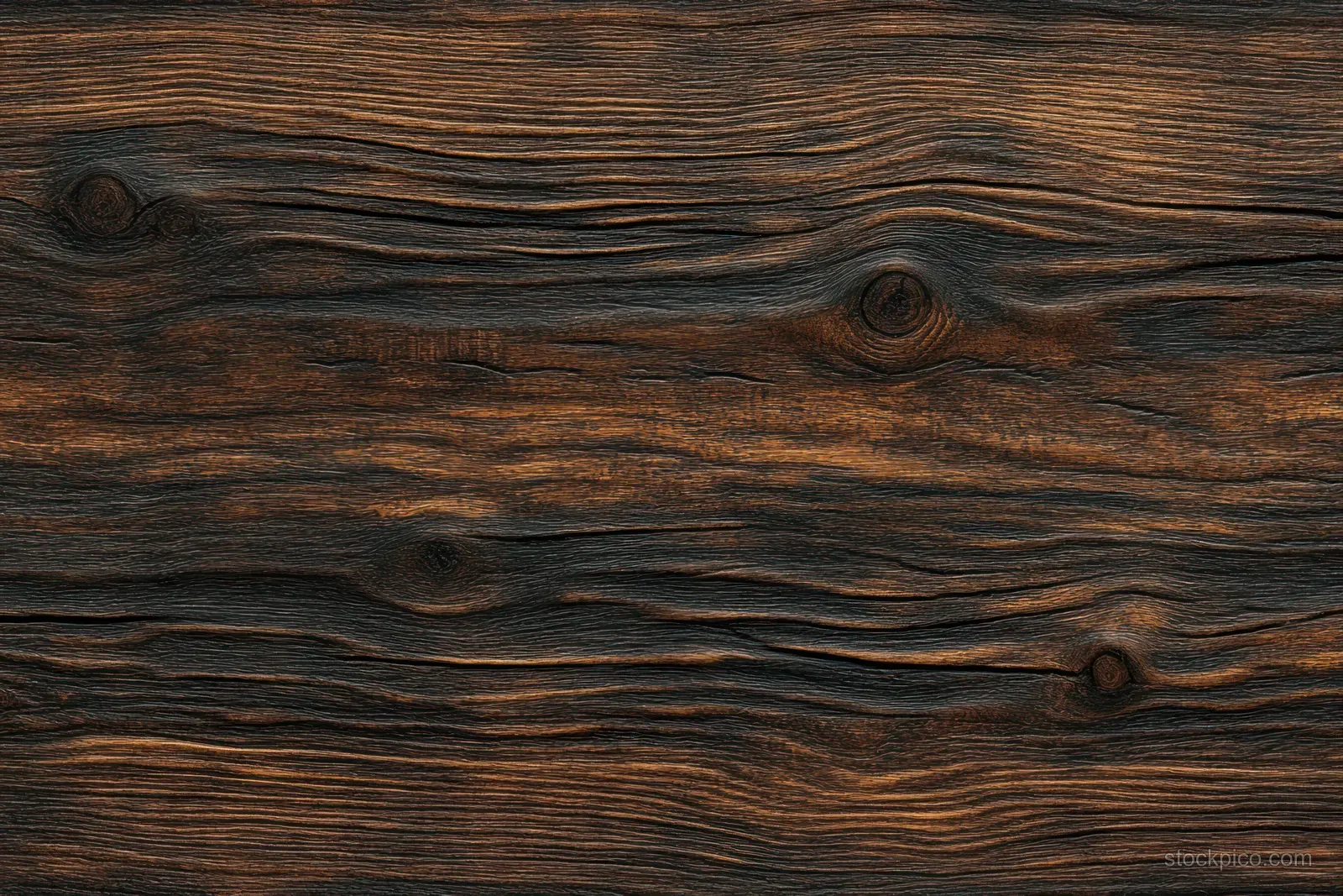 Close-up of dark brown wooden surface with visible grain lines, knots, and weathered texture.