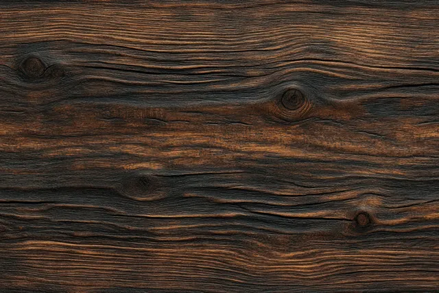 Close-up of dark brown wooden surface with visible grain lines, knots, and weathered texture.