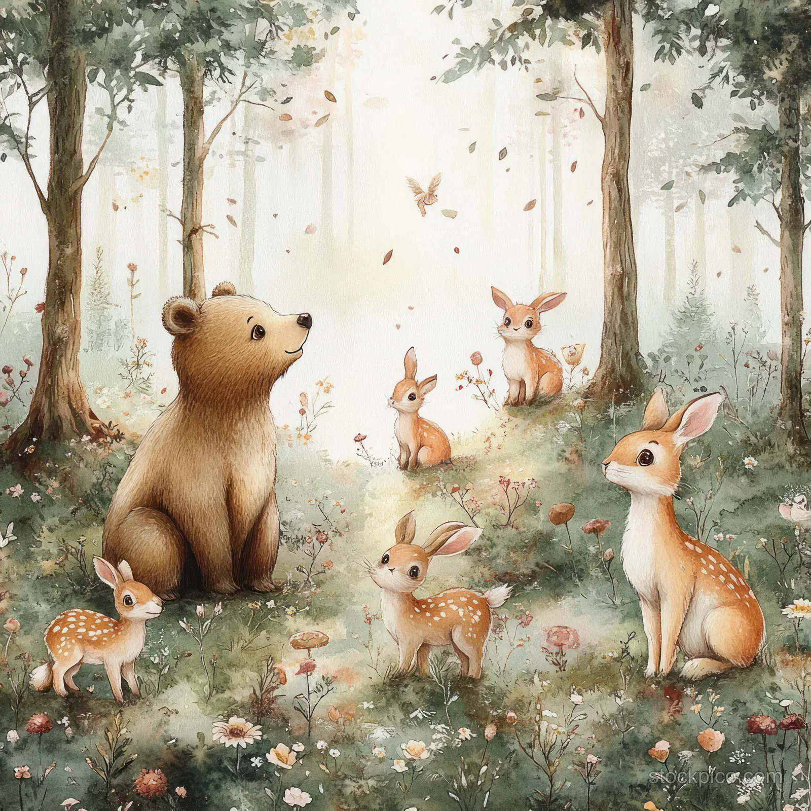 Watercolor woodland nursery animals including a bear, deer, rabbits, and foxes in a soft flower meadow.