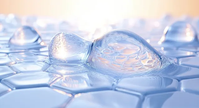 Crystal-clear water droplets sit on a hexagonal surface with crisp reflections in a macro skincare background.