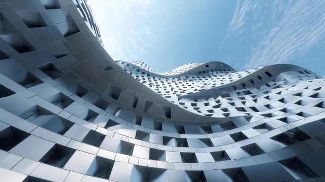 Curved silver-tiled facade wrapping around skyward perspective, geometric pattern in blue daylight