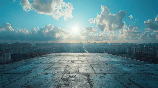 Concrete rooftop terrace floor overlooks a distant city skyline beneath a blue sky and scattered clouds.