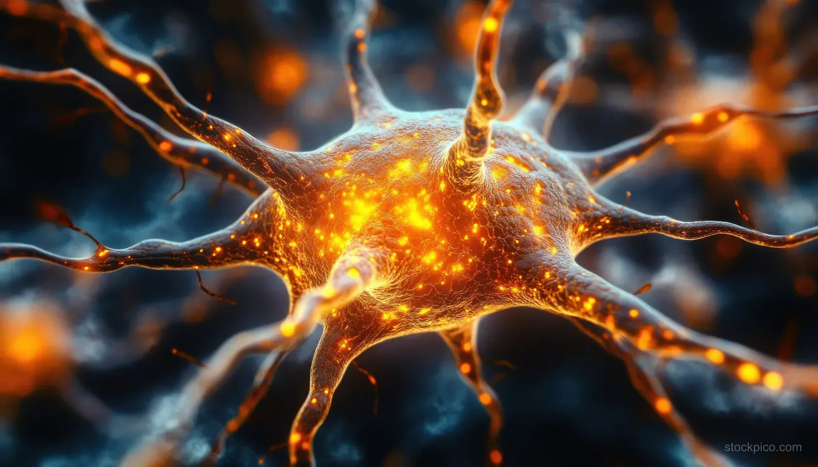 Glowing neuron with branching dendrites emitting orange electrical signals in a dark microscopic scene.