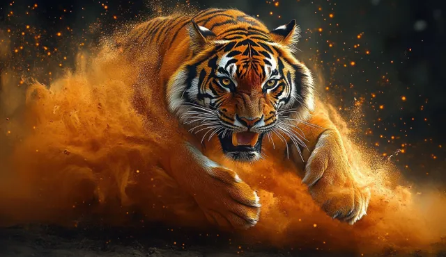 Fierce tiger lunges forward through orange dust, sparks flying, intense motion blur