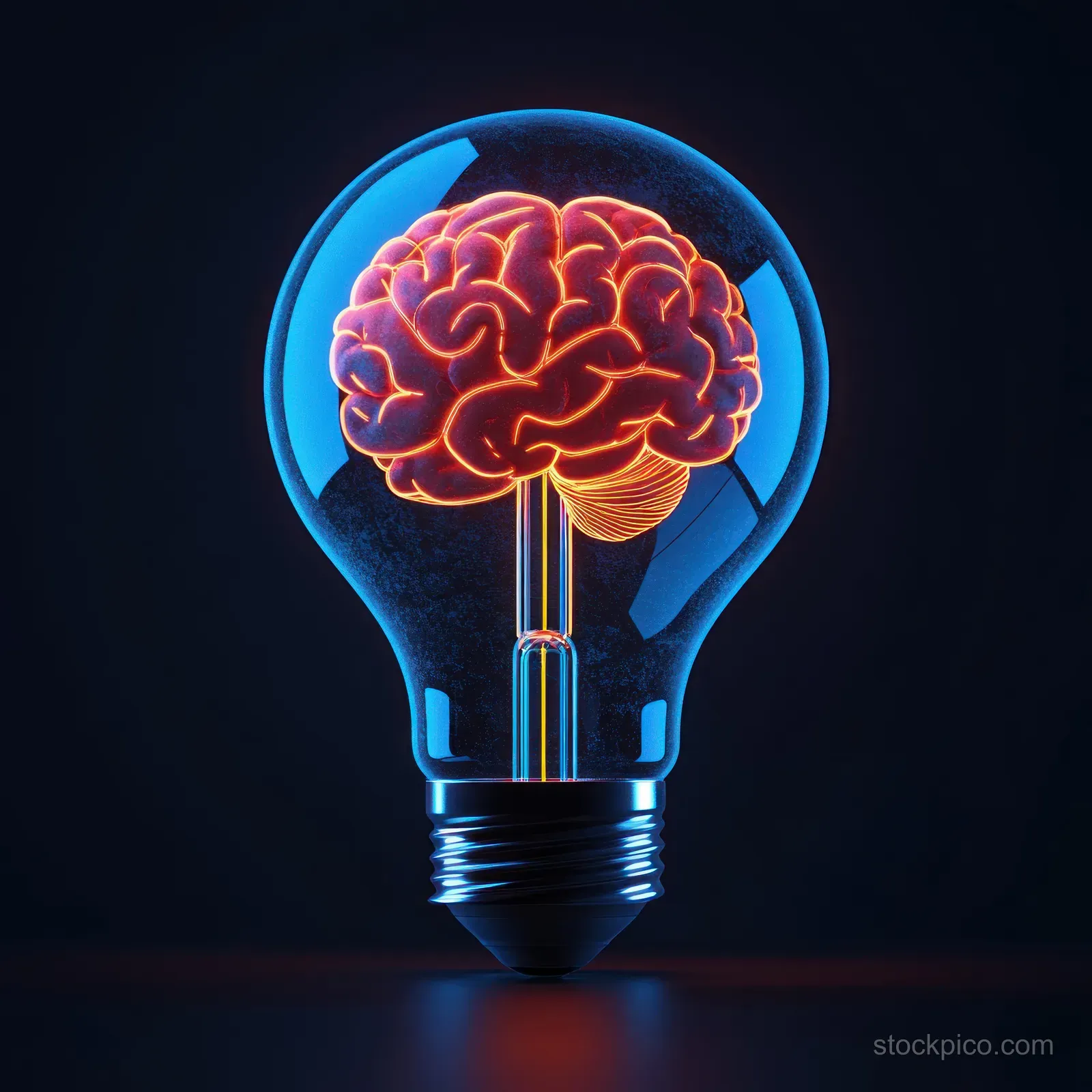 A glowing brain sits inside a transparent light bulb with neon blue and red light on a dark background.