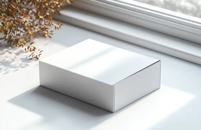 White cardboard box with blank label on paper surface near soft window blinds