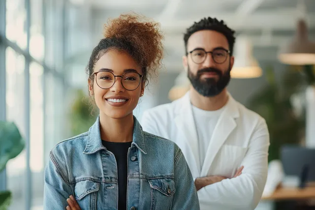 Two office colleagues stand together in a sunlit workspace, smiling while working near laptops.
