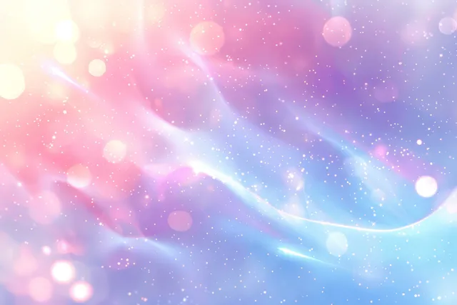 Pastel blue and white bokeh background with rainbow holographic lens flare streaks