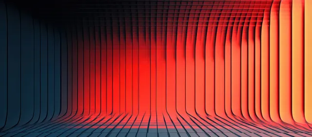 Futuristic empty corridor lit by blue and warm red gradient panels with curved vertical stripes and deep shadows.