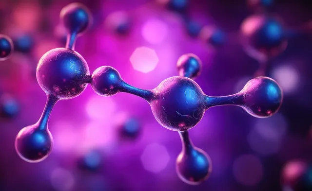 A glowing neon 3D molecular structure with connected atoms floats against a blurred purple science background.