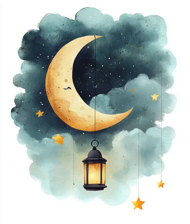 Pastel watercolor night scene showing a glowing lantern beneath a crescent moon surrounded by clouds and stars.