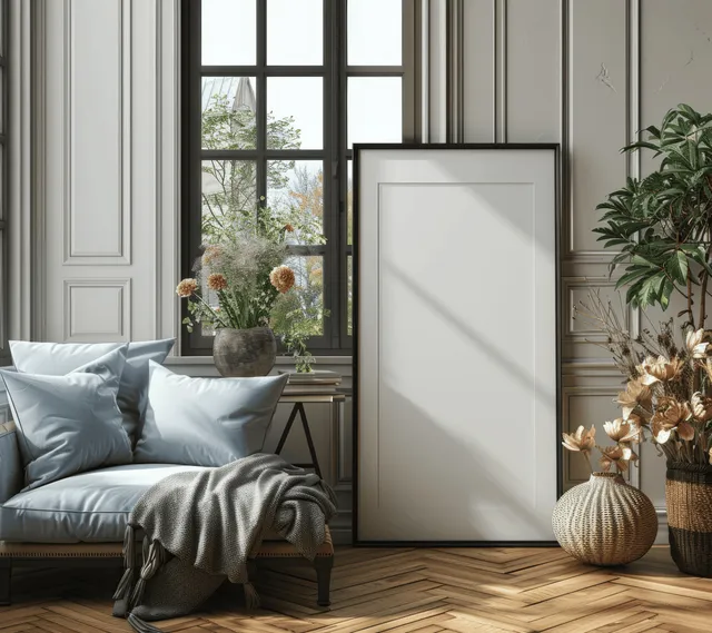 Black A4 poster frame on a herringbone parquet floor in a boho living room beside a sofa and large windows.