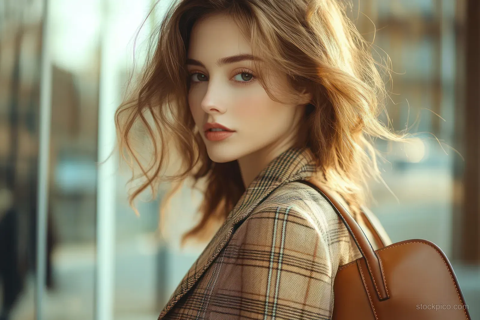 Young woman in a plaid coat carries a brown leather bag and looks thoughtfully over her shoulder in a softly lit city street.