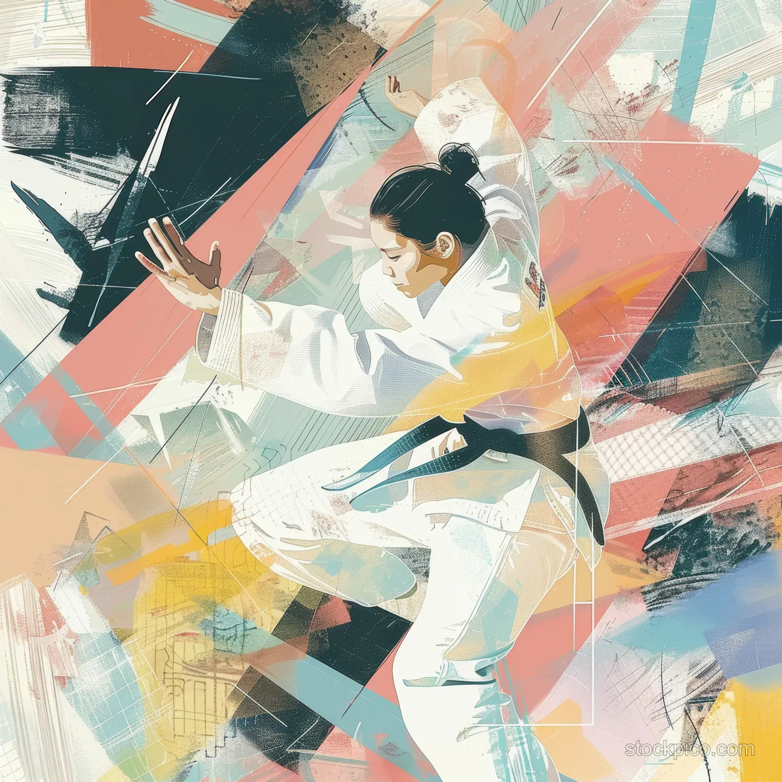 Illustrated South Korean judo athlete performing a dynamic throw amid abstract brushstrokes.