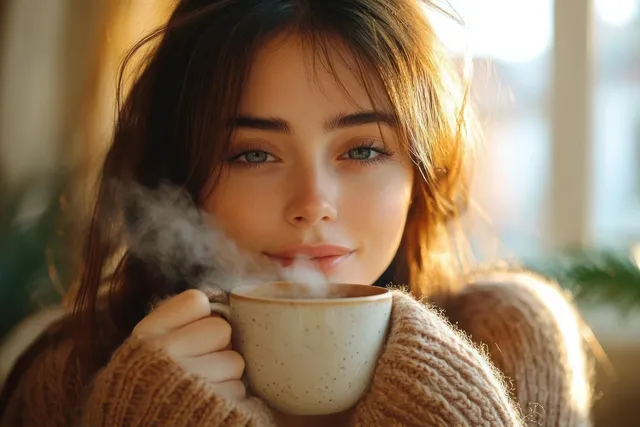Cozy young woman holding a steaming mug of tea in soft morning window light