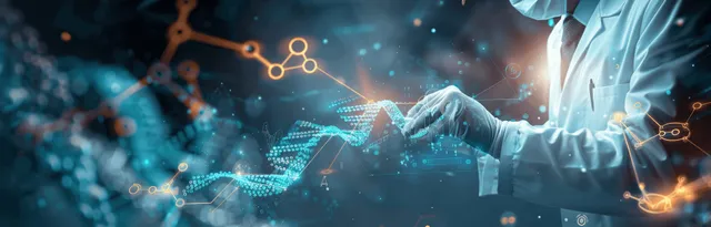 Gloved scientist pipetting in a biotech lab while DNA helix holograms glow overhead