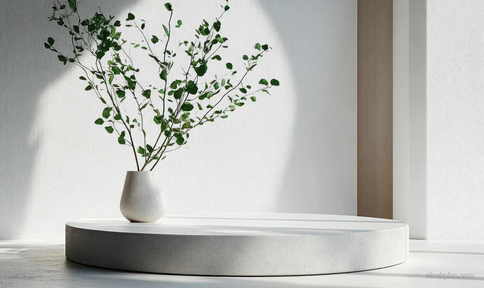 Minimal pedestal with a small vase of botanical leaves against a bright white wall with soft shadows.