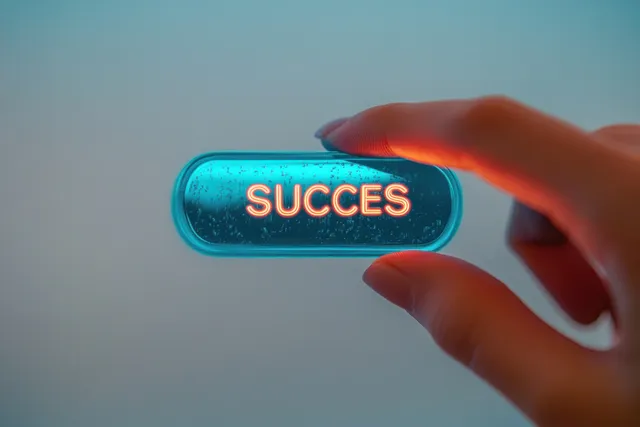 A hand holds a glowing blue capsule displaying the illuminated word “SUCCESS” on a soft gradient background.