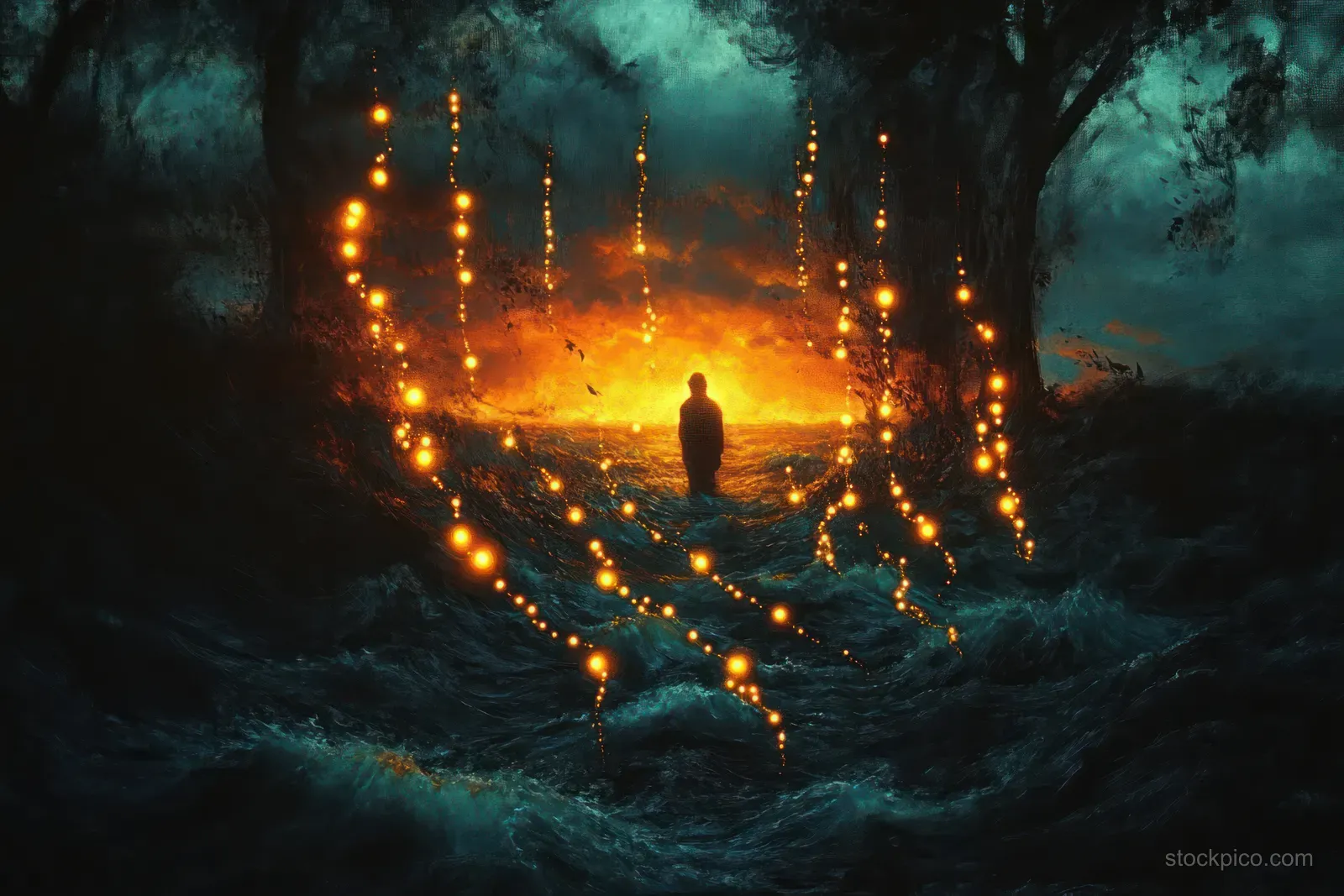 A silhouetted person stands in dark churning water beneath glowing hanging orbs with an orange firelike glow in the distance.