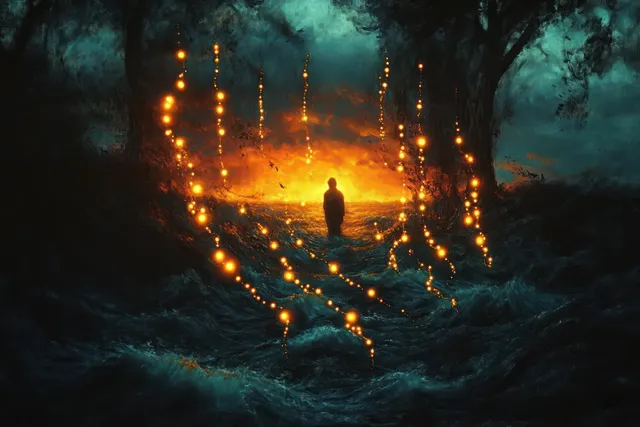 A silhouetted person stands in dark churning water beneath glowing hanging orbs with an orange firelike glow in the distance.
