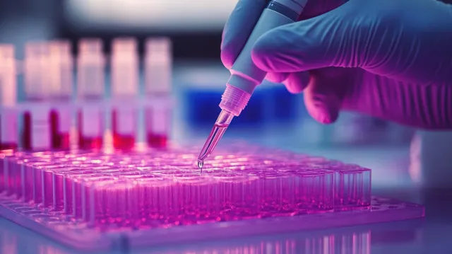 Gloved hand pipettes liquid into the wells of a multi-well plate under pink and purple laboratory lighting.