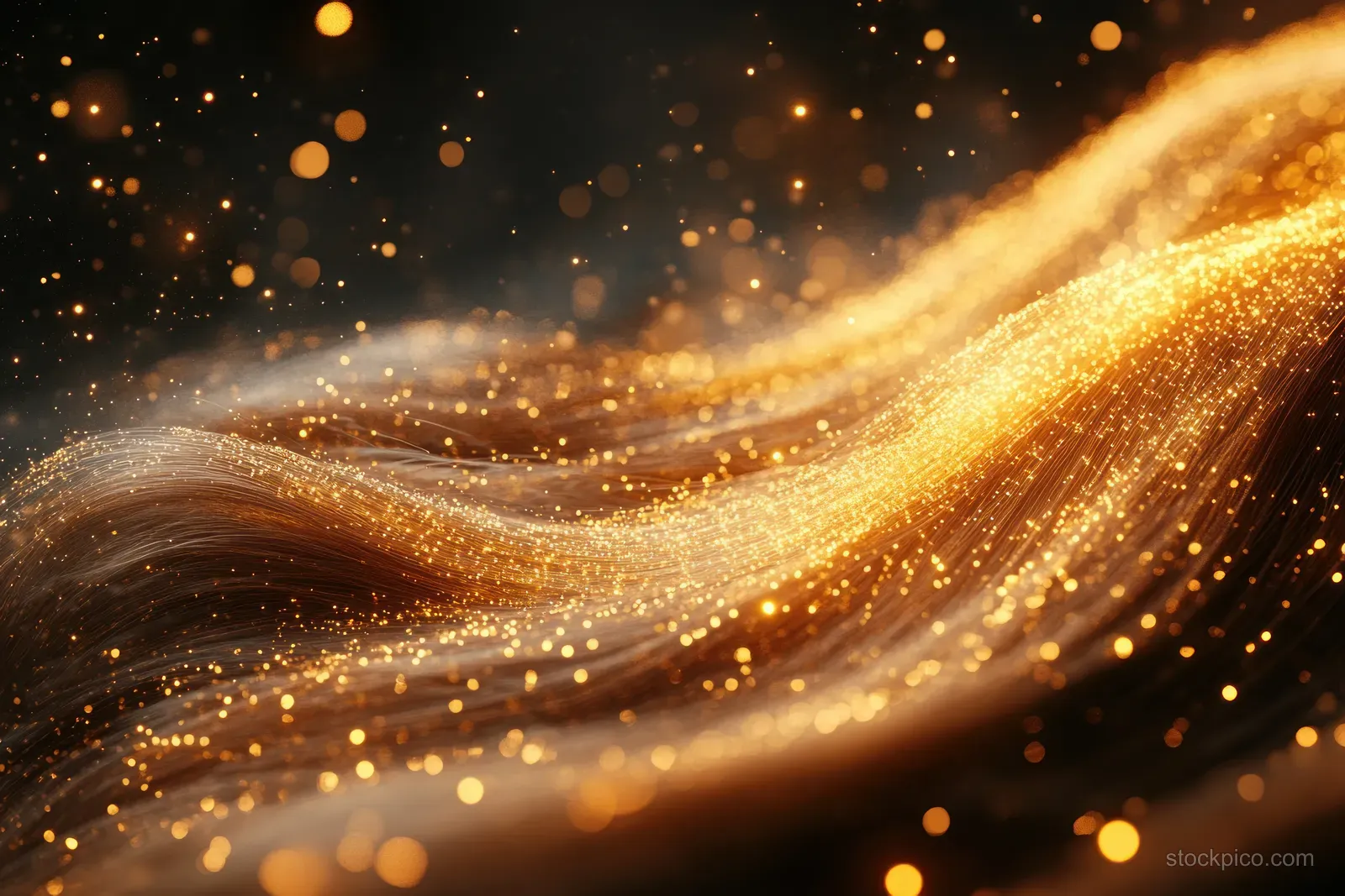 Golden hair oil serum streams over glowing hair fibers surrounded by sparkling particles and warm bokeh.