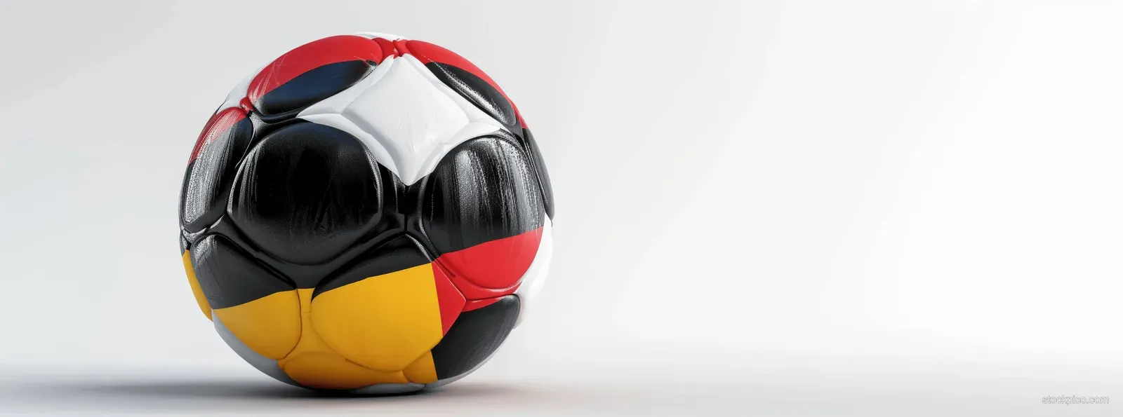 A German-flag soccer ball sits on a white studio background with a soft shadow and curved color accents.