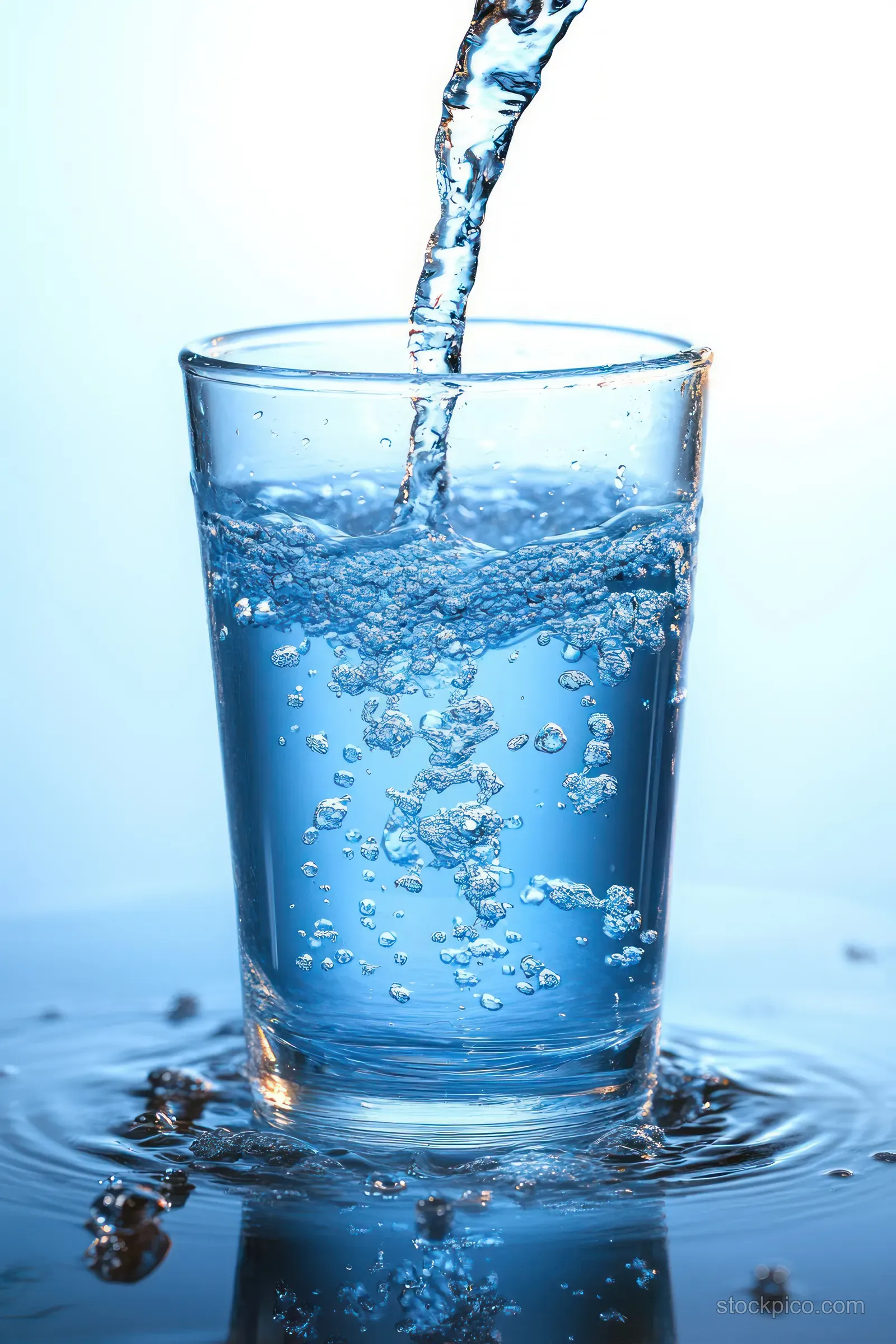 Clear water pours into a transparent glass, creating bubbles and ripples on a reflective blue surface.