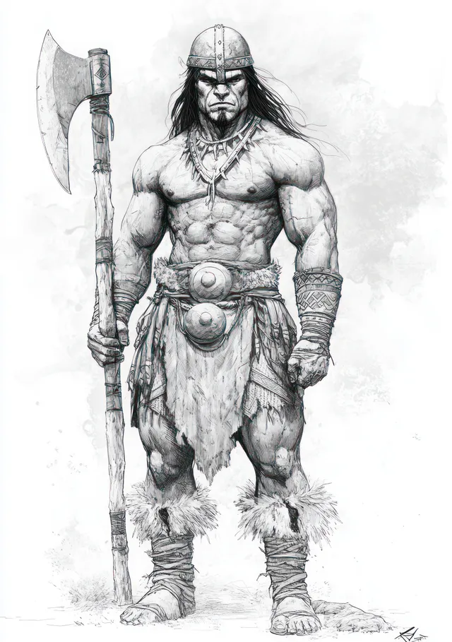 Grayscale chaos warrior portrait holding a tall battle axe with tribal tattoos and dark shadow vignette.