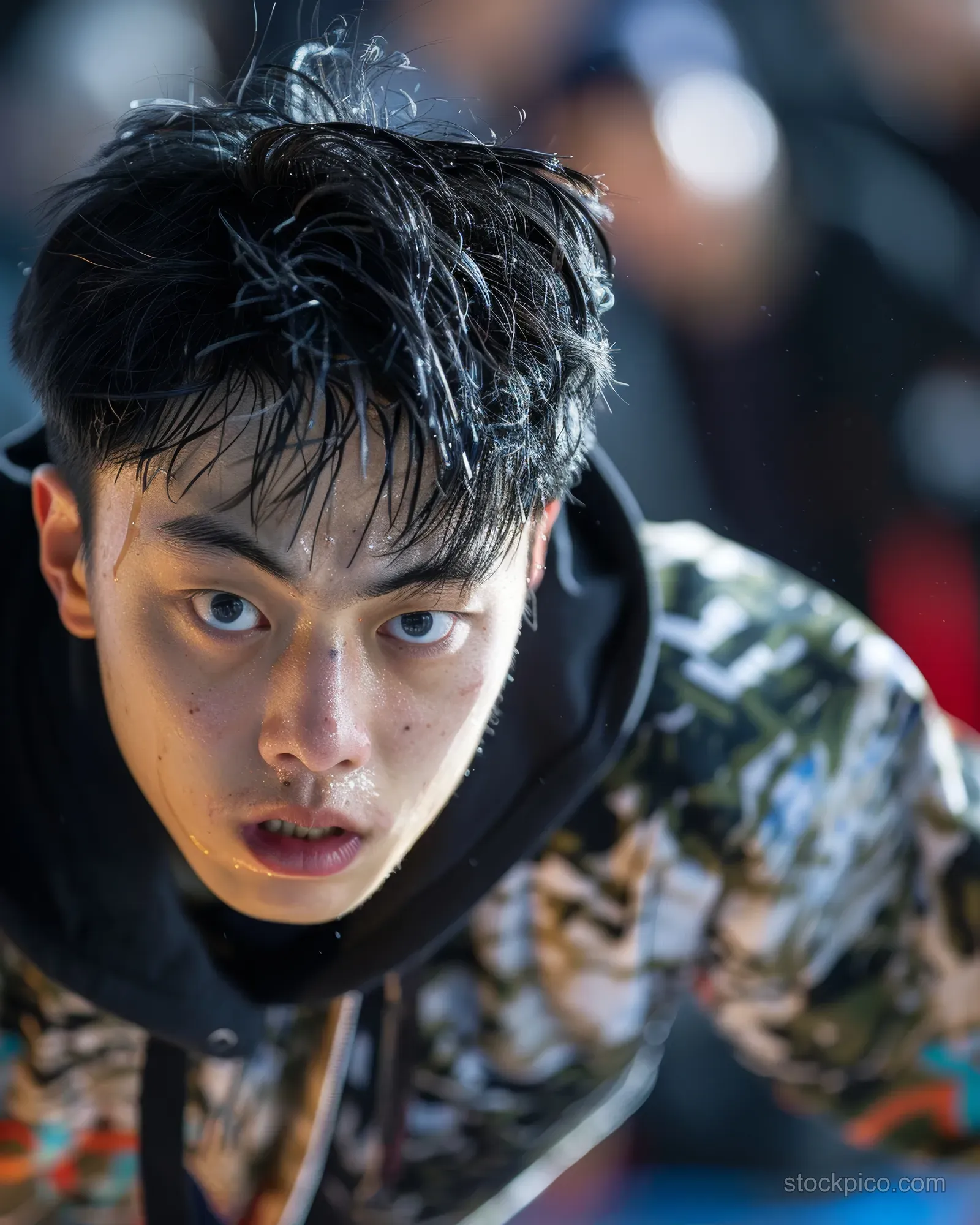A breakdancer concentrates mid-performance while a crowd watches in a competition setting with stage lights.