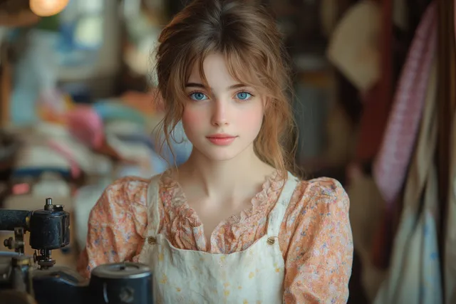 A young seamstress works a vintage sewing machine in a warmly lit workshop surrounded by colorful fabrics.