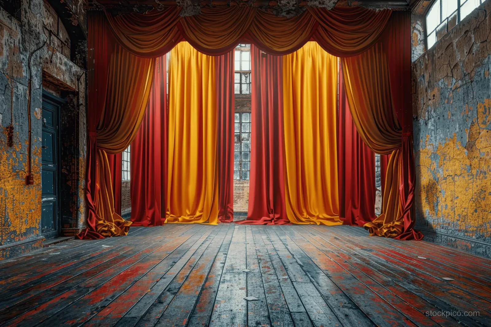 Empty vintage theatre stage with red and yellow curtains framing a worn wooden floor under soft light.