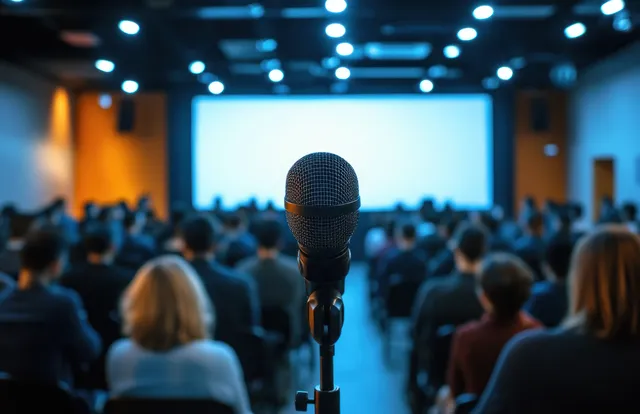 Microphone at front of conference hall as a speaker delivers a speech to the audience