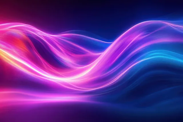 Pink, purple, and blue neon wave ribbons glow and ripple across a dark background.
