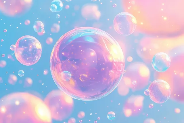 Transparent soap bubbles shimmer over a pastel fantasy sky with glowing stars and soft sparkles.
