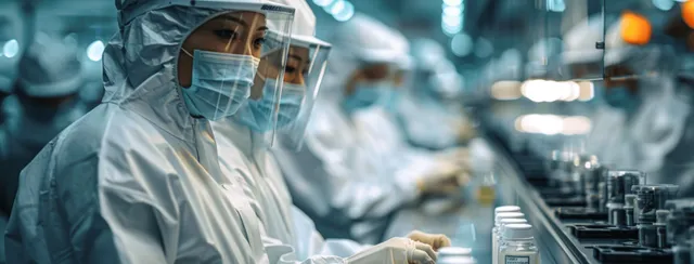 Protective-suited workers pack labeled serum bottles with small tubes on a pharmaceutical assembly line under blue factory lights.