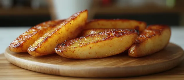 Golden potato wedges rest on a wooden board with crisp browned edges.