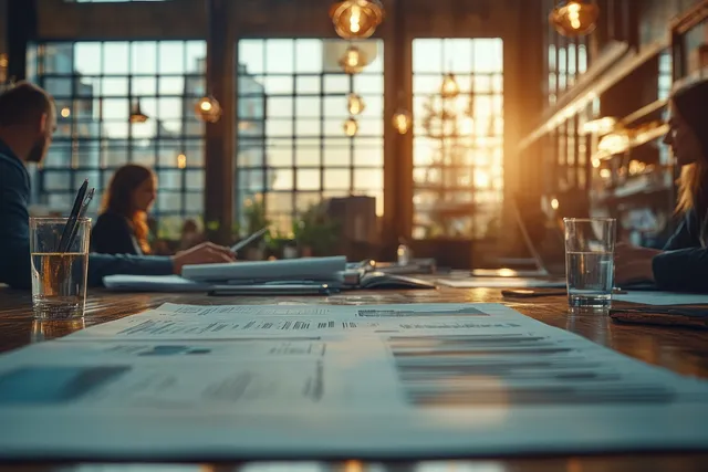 Colleagues brainstorm strategy over laptops and documents in a sunlit modern office meeting