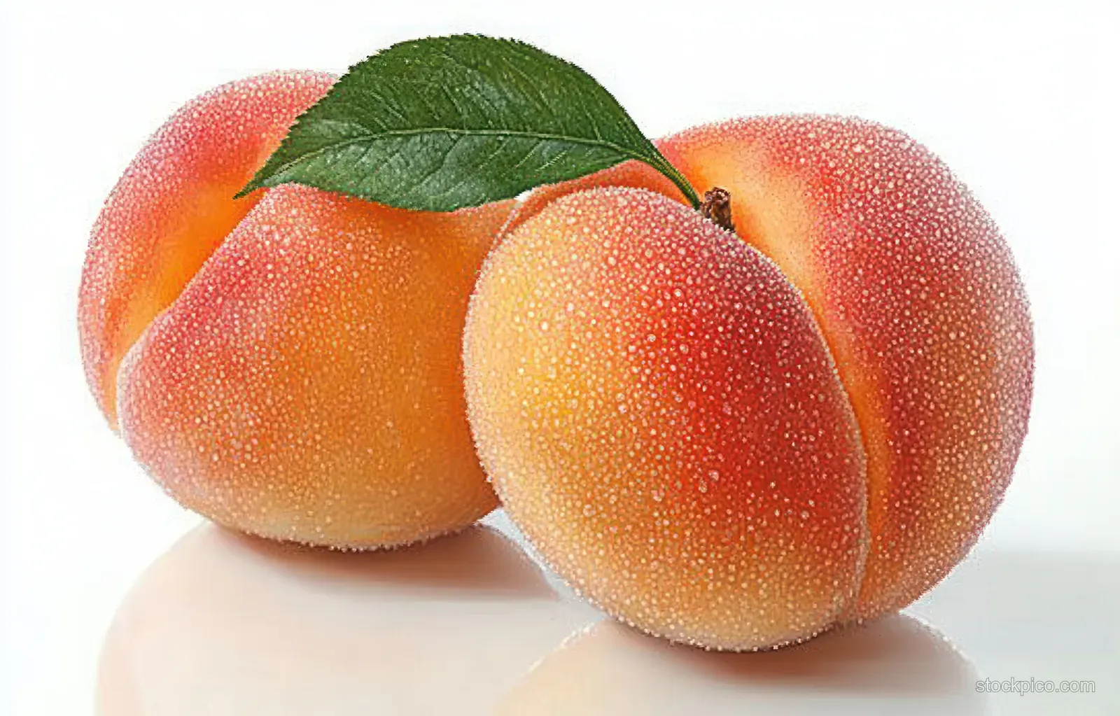 Three ripe peaches with fuzzy orange-pink skin are stacked on a white background with one green leaf.