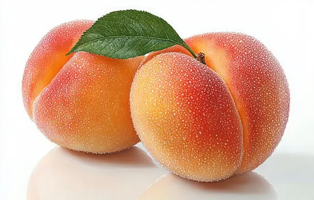 Ripe fuzzy peaches stacked on white background with a single green leaf