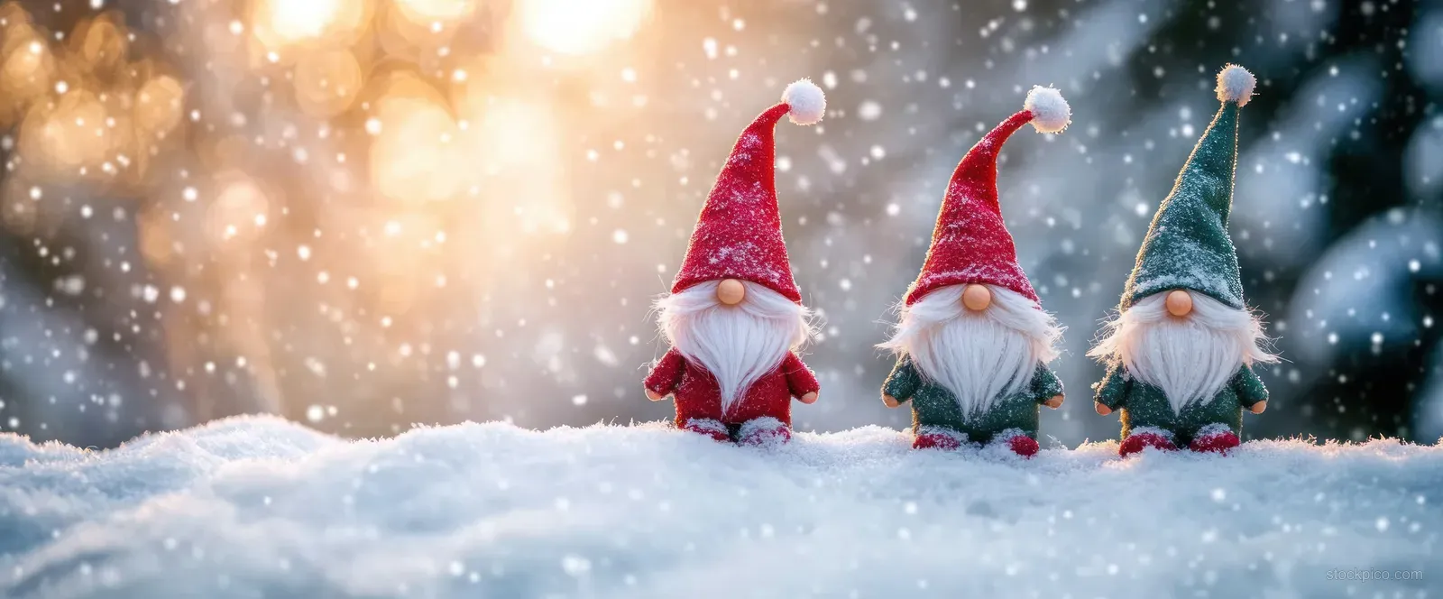 Three gnomes in red and green hats stand in snow with softly glowing bokeh lights behind them.